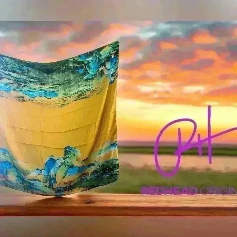 Yellow & blue polyester Scarf 42" Large Square Scarves  Lightweight versatile